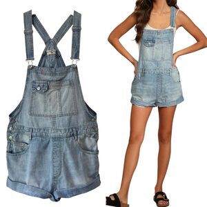 We The Free People Shortalls Women's Small Ziggy Short Overalls Denim Blue EUC